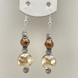 Stunning Champagne Brown AB Glass Dangle Earrings Silver Plated Beaded Statement